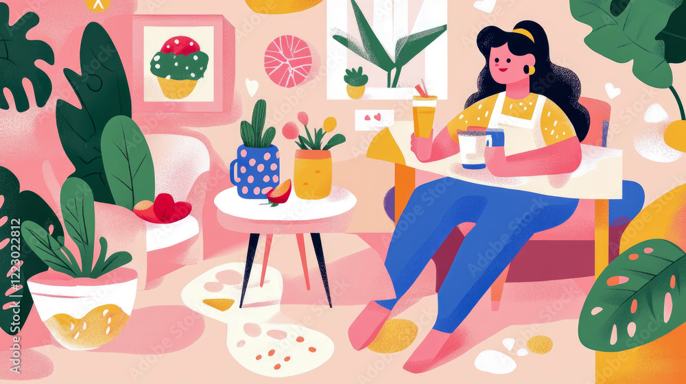 Fototapeta premium Woman Relaxing Indoors with Drinks and Plants: A Modern Illustration
