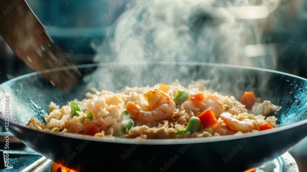 A dynamic image of shrimp fried rice sizzling in a hot wok, with steam rising and vibrant vegetables being tossed, capturing the cooking process A dynamic image of shrimp fried rice sizzling in a hot wok, with steam rising and vibrant vegetables being tossed, capturing the cooking process