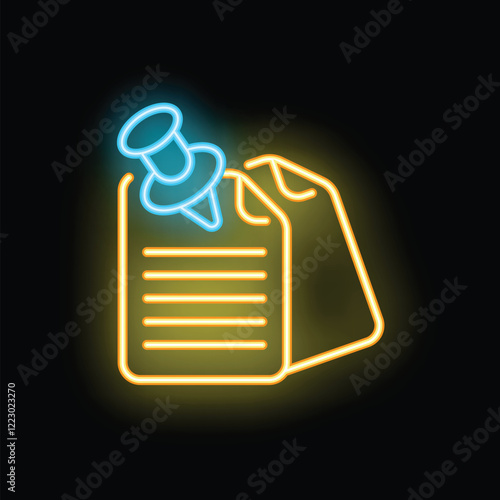 Neon push pin fastening notes on black background