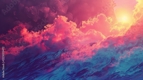 Colorful wave concept bursting into flames with sunrise storm