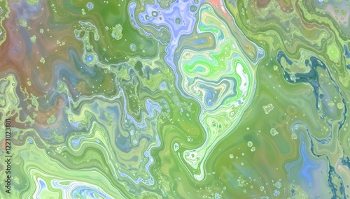 Swirling 3D patterns in green, blue, pink, and purple with a psychedelic vibe. Glossy bubbles add depth, while a textured background enhances the dynamic, trendy aesthetic for creative projects. High
