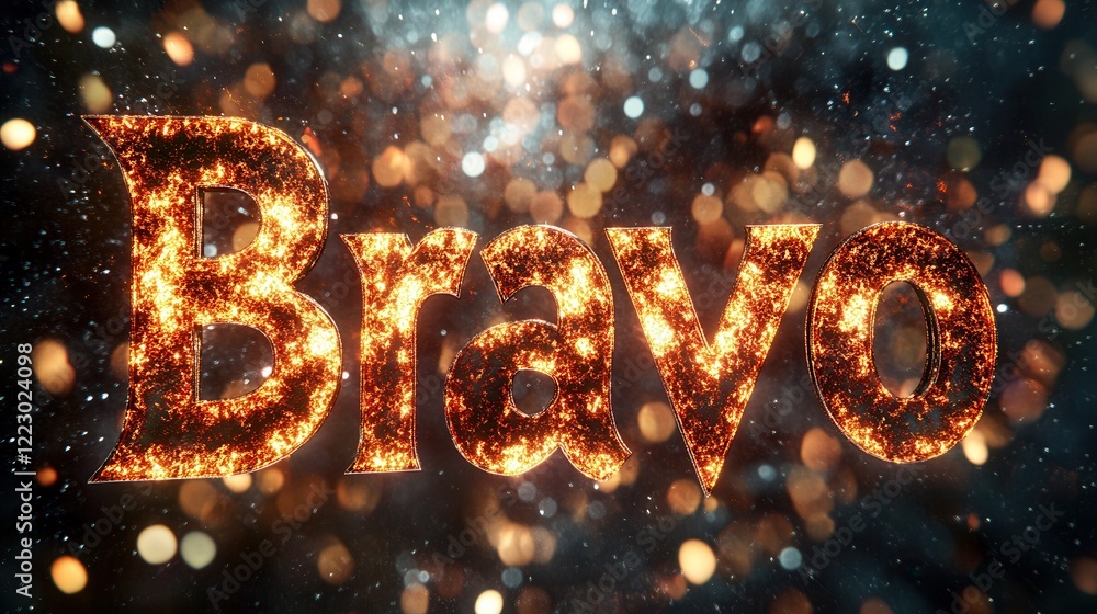 Sparkling display of the word Bravo in shimmering golden lights against a colorful festive background Sparkling display of the word Bravo in shimmering golden lights against a colorful festive background