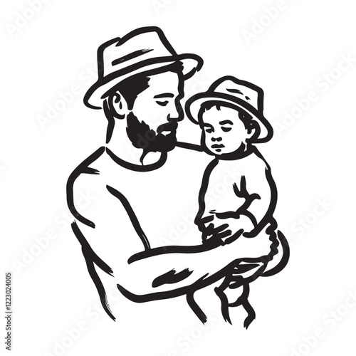 Man Holding Toddler Digital Art - Man Holding Child Vector - Man Holding Child Doodle - Fatherhood Illustration - Man Holding Child Line Art
