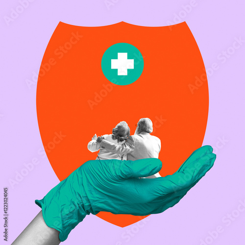 Gloved hand with elderly couple and large shield in background. Senior care and insurance protection. Conceptual art collage. Concept of medical insurance, health care photo