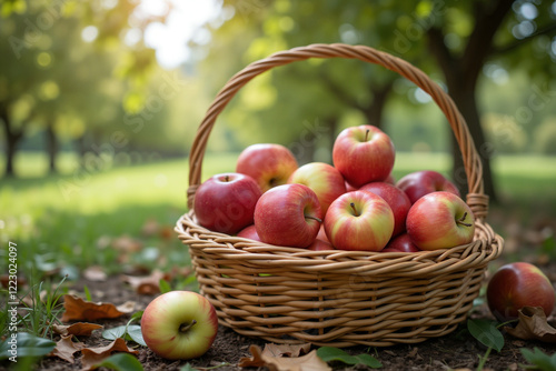 Basket of fresh apples in sunlit orchard with fallen leaves