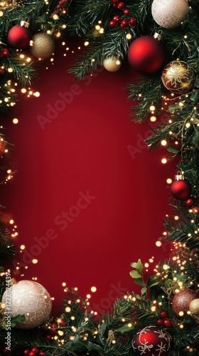 Wallpaper Mural Christmas frame with green garland baubles and fairy lights Torontodigital.ca