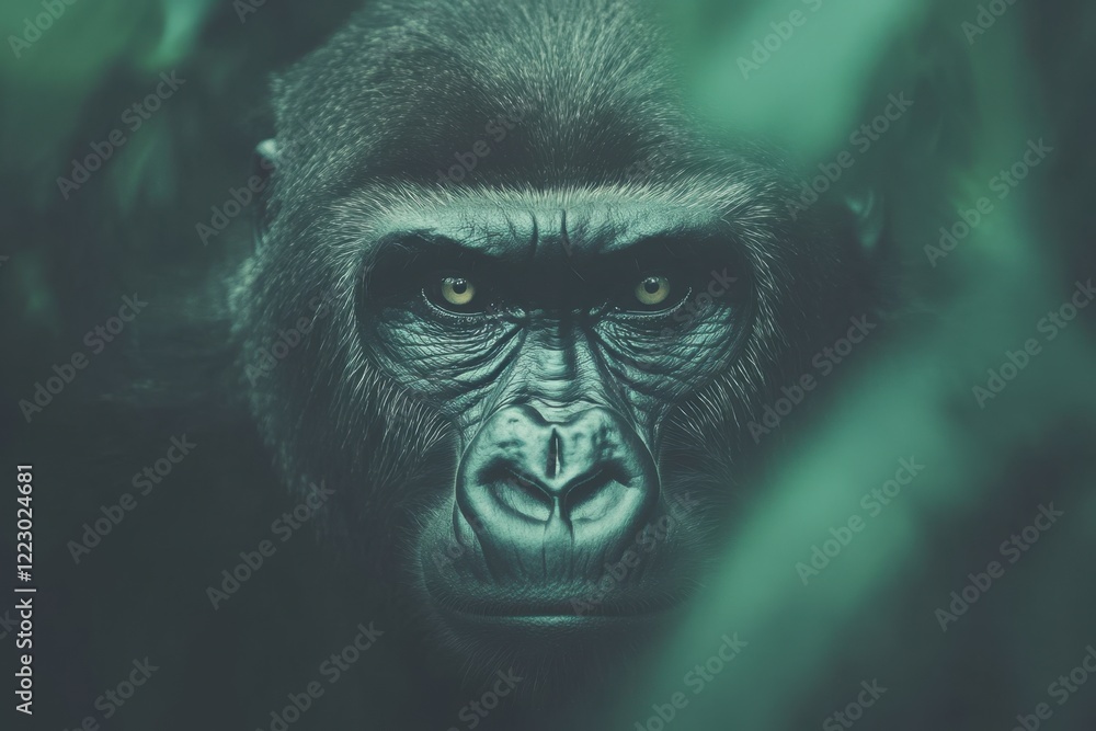 Obraz premium Gorilla staring intently jungle foliage