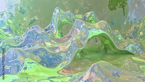 Glossy, fluid-like abstract formations reflecting green, blue, and iridescent hues. Set against a soft, muted green background, highlighting the vibrant, dynamic design. High quality 3d illustration