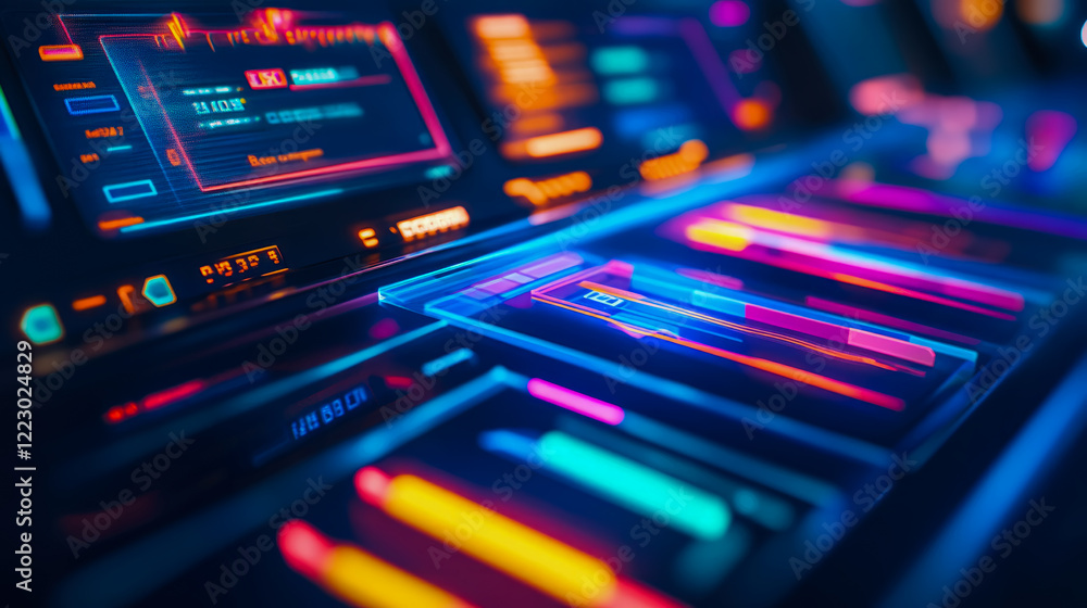 Obraz premium Neon Tech Interface: Futuristic Dashboard Display with Glowing Lines and Data Streams
