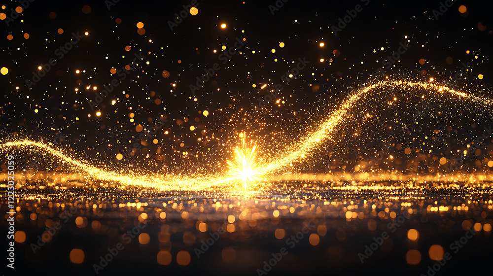 Obraz premium Stunning golden glitter wave on black background. Perfect for luxury, celebratory, or magical designs. Use as overlay, background, or texture for invitations, websites, or social media.