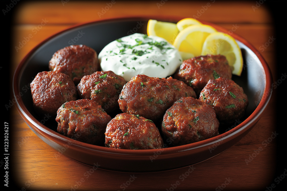 Plate of Delicious Meatballs Served with Lemon Wedges and Creamy Sauce Plate of Delicious Meatballs Served with Lemon Wedges and Creamy Sauce