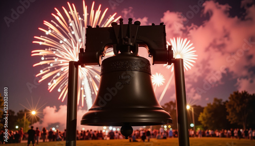 Liberty Bell illuminated by colorful fireworks at night, Independence Day celebration