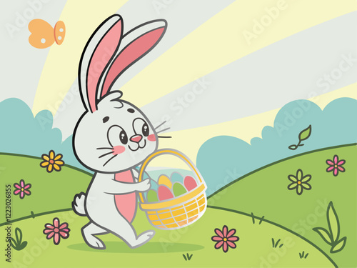 En un prado, un conejo de Pascua lleva una cesta con huevos multicolores, rodeado de flores y hierba.

