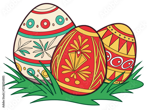 Ilustración de tres huevos de Pascua decorados con diferentes patrones y colores sobre un fondo blanco. Los huevos están rodeados de hierba verde. Los diseños incluyen motivos geométricos y florales e