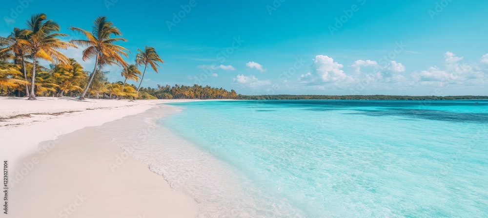 Fototapeta premium Idyllic Tropical Paradise Serene White Sand Beach, Turquoise Water, and Lush Palm Trees