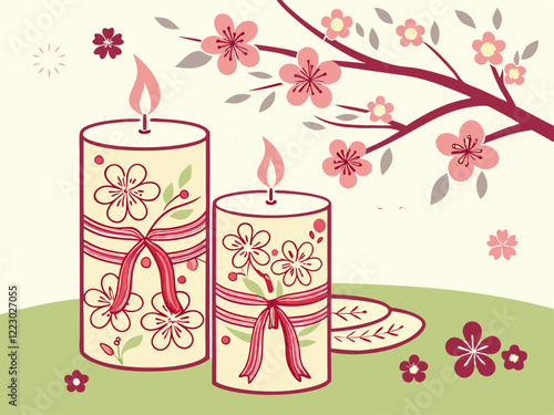 Dos velas altas y delgadas adornadas con flores y lazos descansan sobre un fondo verde suave. Las velas emiten una cálida luz, creando una atmósfera serena y relajante.