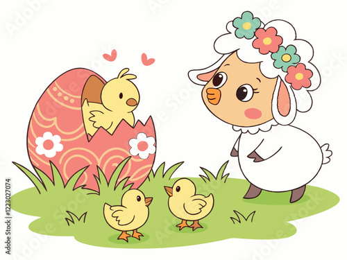 Ilustración de Pascua con un cordero y pollitos. El cordero, adornado con una corona de flores, observa con ternura a tres pollitos recién salidos de un huevo de Pascua decorado. La escena se desarrol