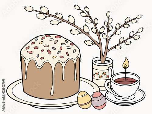 ustración de la festividad de Pascua. Un pastel de Pascua adornado con glaseado blanco y espolvoreado de colores, huevos de Pascua pintados, una taza de té humeante y una rama de sauce en un jarrón. L