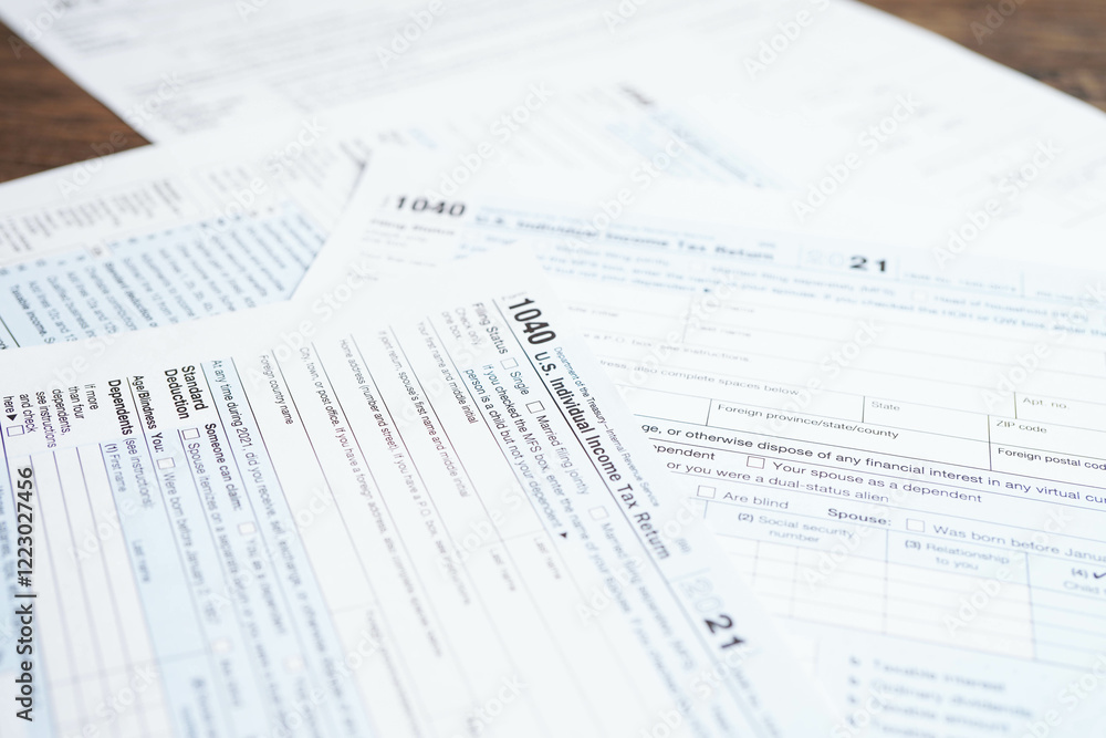 Tax form 1040 U.S. Individual Income Tax Return, business finance. Tax form 1040 U.S. Individual Income Tax Return, business finance.