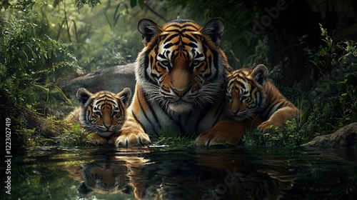 Majestic tigers lounging near a tranquil water source in a lush jungle setting during the afternoon light