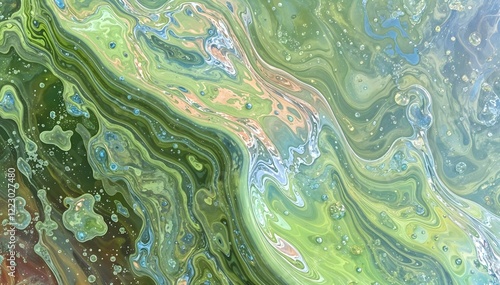 Swirling 3D patterns in green, blue, pink, and purple with a psychedelic vibe. Glossy bubbles add depth, while a textured background enhances the dynamic, trendy aesthetic for creative projects. High