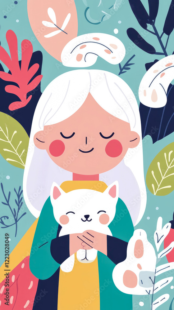 Obraz premium Girl with White Cat Amidst Floral Design: A Serene Illustration