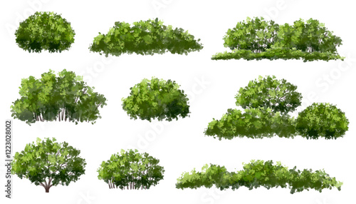  Vector watercolor green  tree or forest side view isolated on white background for landscape and architecture drawing,elements for environment or and garden,Shrub for section