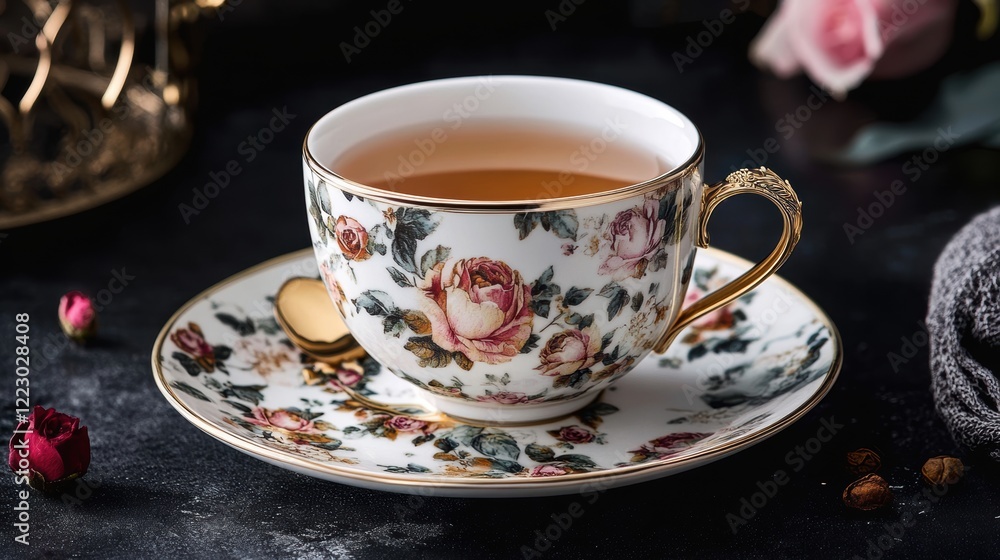 Fototapeta premium A white teacup with a floral pattern and gold trim sits on a matching saucer, filled with tea.