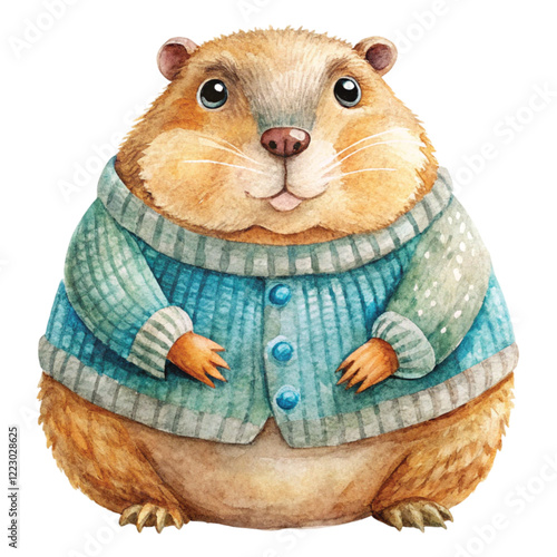 Groundhog  wearing winter clothes watercolor