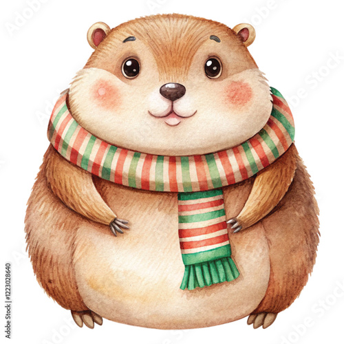 Groundhog  wearing winter clothes watercolor