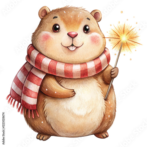 Groundhog  fireworks  wearing winter clothes , Groundhog day Clipart Watercolor 