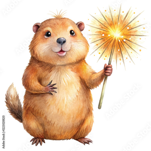 Groundhog  fireworks  wearing winter clothes , Groundhog day Clipart Watercolor 