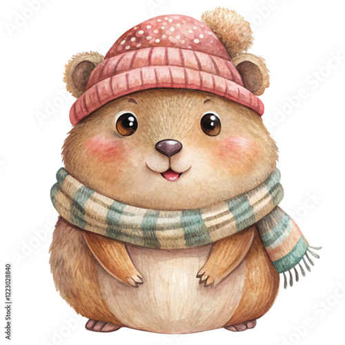 Groundhog wearing winter clothes watercolor	