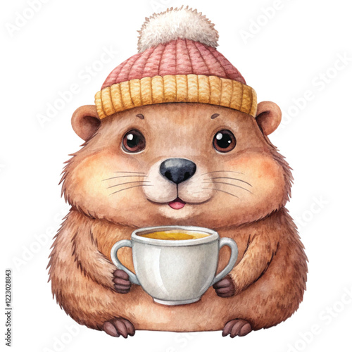 Groundhog wearing winter clothes watercolor	