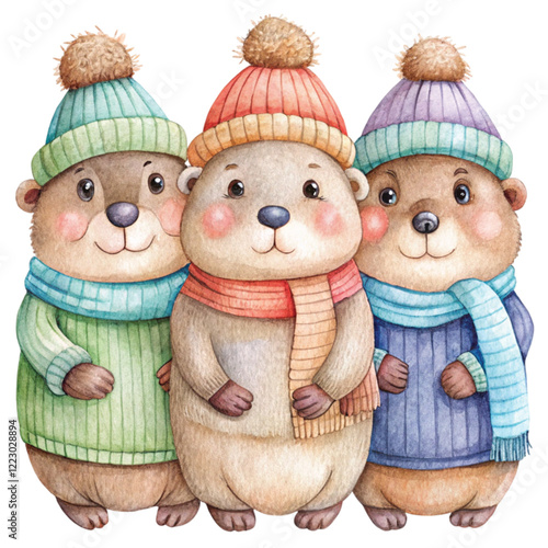  3 Groundhog wearing winter clothes watercolor	