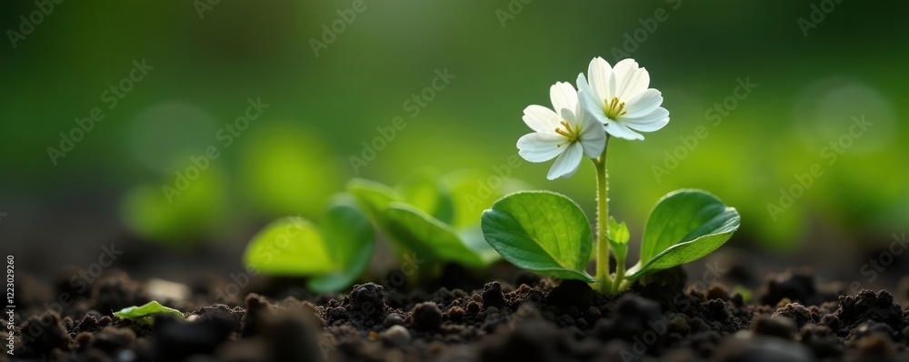 delicate white clover blooms on dark moist earth, plant, spring, growth delicate white clover blooms on dark moist earth, plant, spring, growth