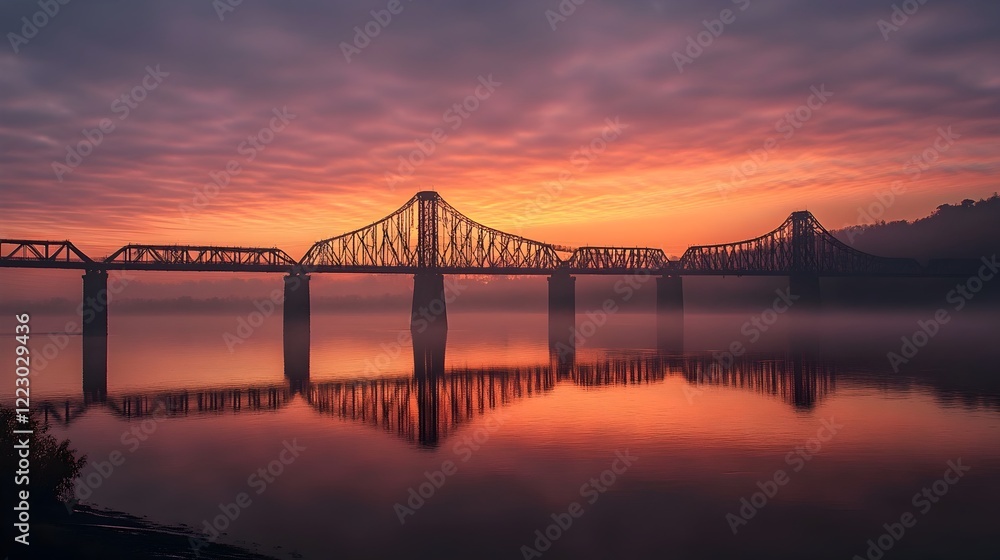 Iconic suspension bridge spanning over a peaceful river reflecting a dramatic sunrise or sunset skyline with vibrant colors and atmospheric lighting Iconic suspension bridge spanning over a peaceful river reflecting a dramatic sunrise or sunset skyline with vibrant colors and atmospheric lighting