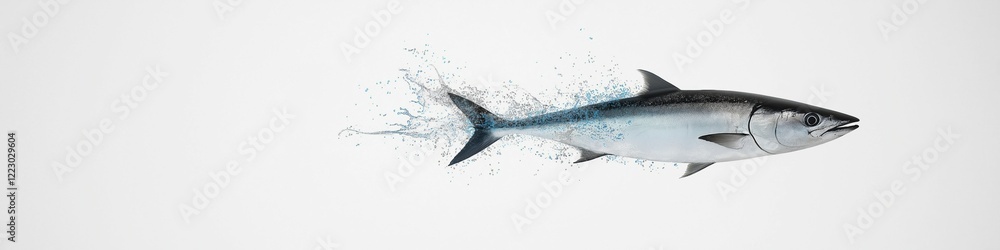 Obraz premium A fish is shown in a blurry image with blue and white colors. The fish is swimming in the water, and the background is white. The image has a dreamy and ethereal quality