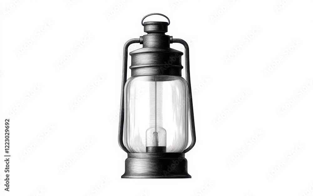 A monochrome vector illustration of a small, rustic decorative lantern with a glass casing and a handle A monochrome vector illustration of a small, rustic decorative lantern with a glass casing and a handle