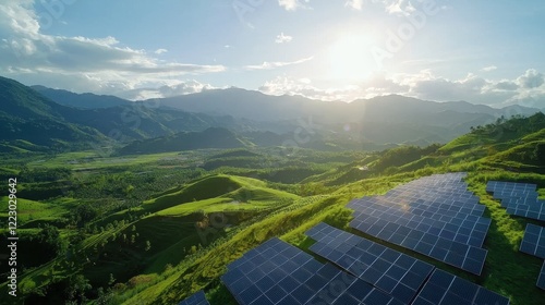 Peaceful Landscape with Solar Panels and Majestic Mountains at Sunset