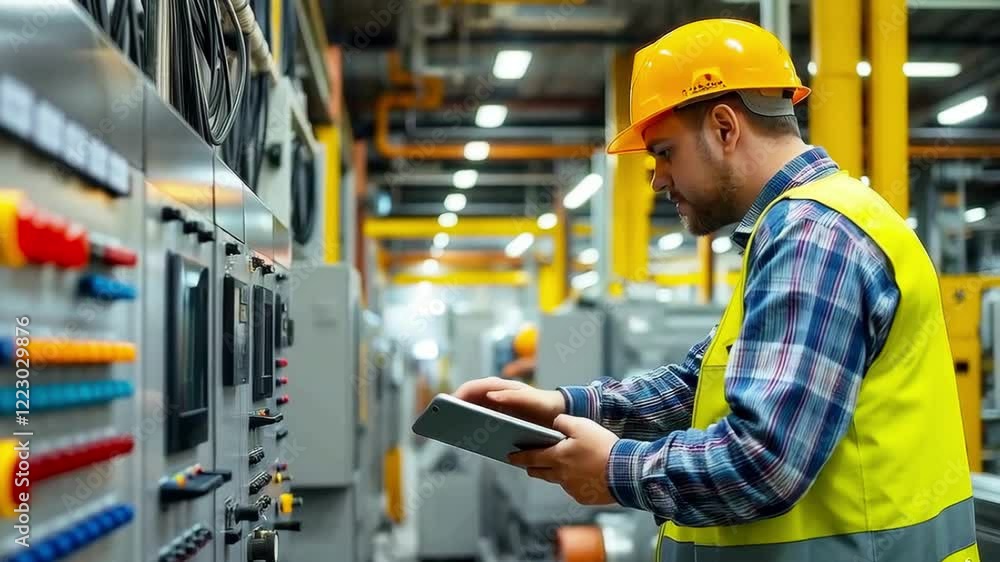 A manufacturing engineer monitors the operation of telecommunications equipment in a manufacturing facility A manufacturing engineer monitors the operation of telecommunications equipment in a manufacturing facility