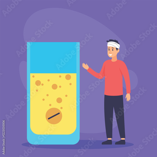 Person with bandaged head standing next to large glass filled with bubbling liquid and pill. Importance of treatment and hydration while feeling unwell concept