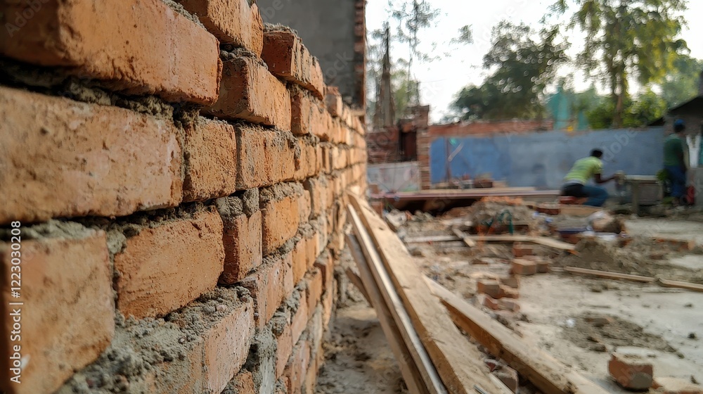 Construction Site Brick Wall with Workers and Tools in Background Construction Site Brick Wall with Workers and Tools in Background