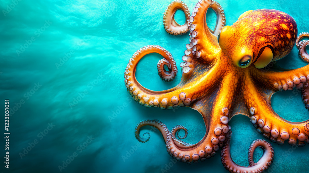 Obraz premium Vibrant Orange Octopus with Whorled Tentacles in Clear Aquatic Environment
