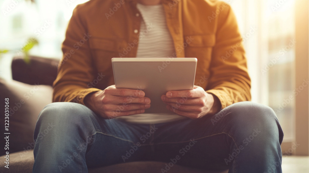 Professional analyzes market trends using digital tablet while sitting indoors in bright, comfortable setting Professional analyzes market trends using digital tablet while sitting indoors in bright, comfortable setting