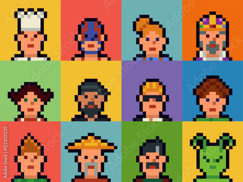 Pixel art characters set of the 8-bit avatar, funny faces in 80-s, NFT. Cartoon vector icon, game user, web profile persons, people, social net portraits