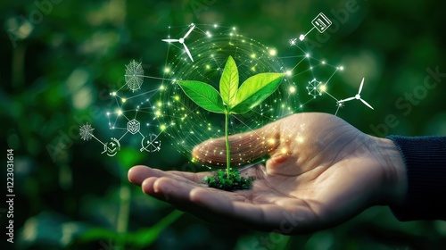 A close-up of a hand holding a small plant growing from a renewable energy symbol