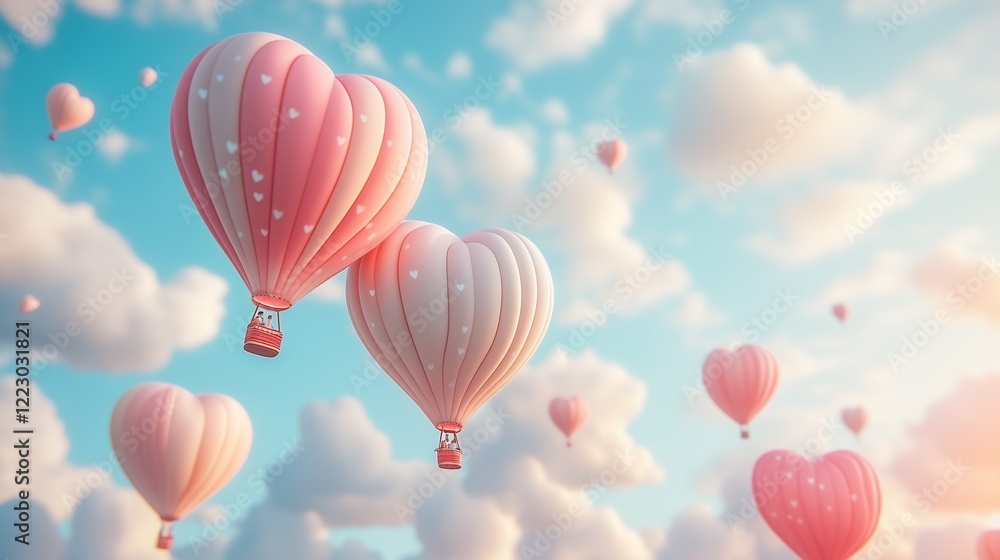 Obraz premium A dreamy 3D cartoon hot air balloon festival with couples flying in heart-shaped balloons. 