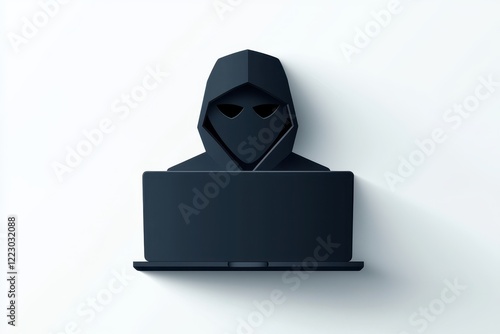 a hacker icon with laptop, cyber threat symbol, simple vector, gray tones, isolated on white background