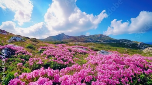 Beautiful pink rhododendron flowers blooming on a mountain with blue sky and clouds photo